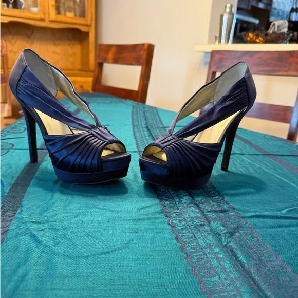Jessica Simpson Navy Satin Peep Toe Heels - Picture 2 of 7